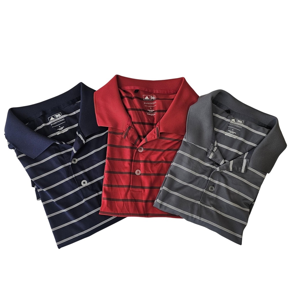 Adidas Golf Puremotion Polo Shirt Mens Large Red‎ Navy Gray Stripe Lot 3